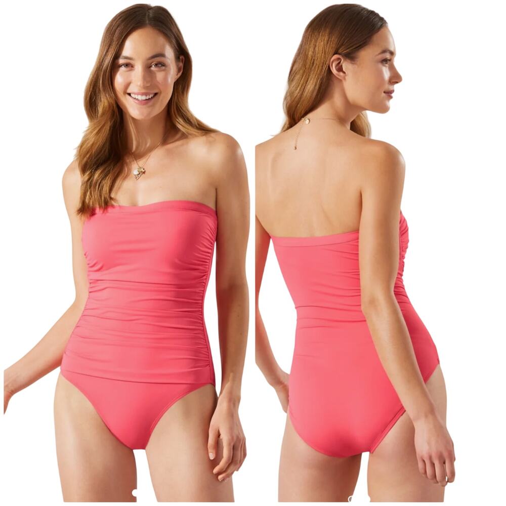 Tommy Bahama NWT Pearl Shirred Bandeau One Piece Swimsuit Coral Coast Size 10